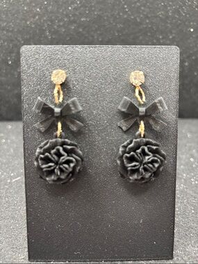 Black Flower Bow Earrings | Floral Dangle Earrings